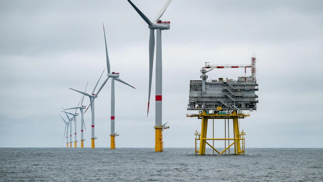 offshore substation and wind turbines at the Yeu-Noirmoutier offshore wind farm