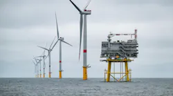 offshore substation and wind turbines at the Yeu-Noirmoutier offshore wind farm