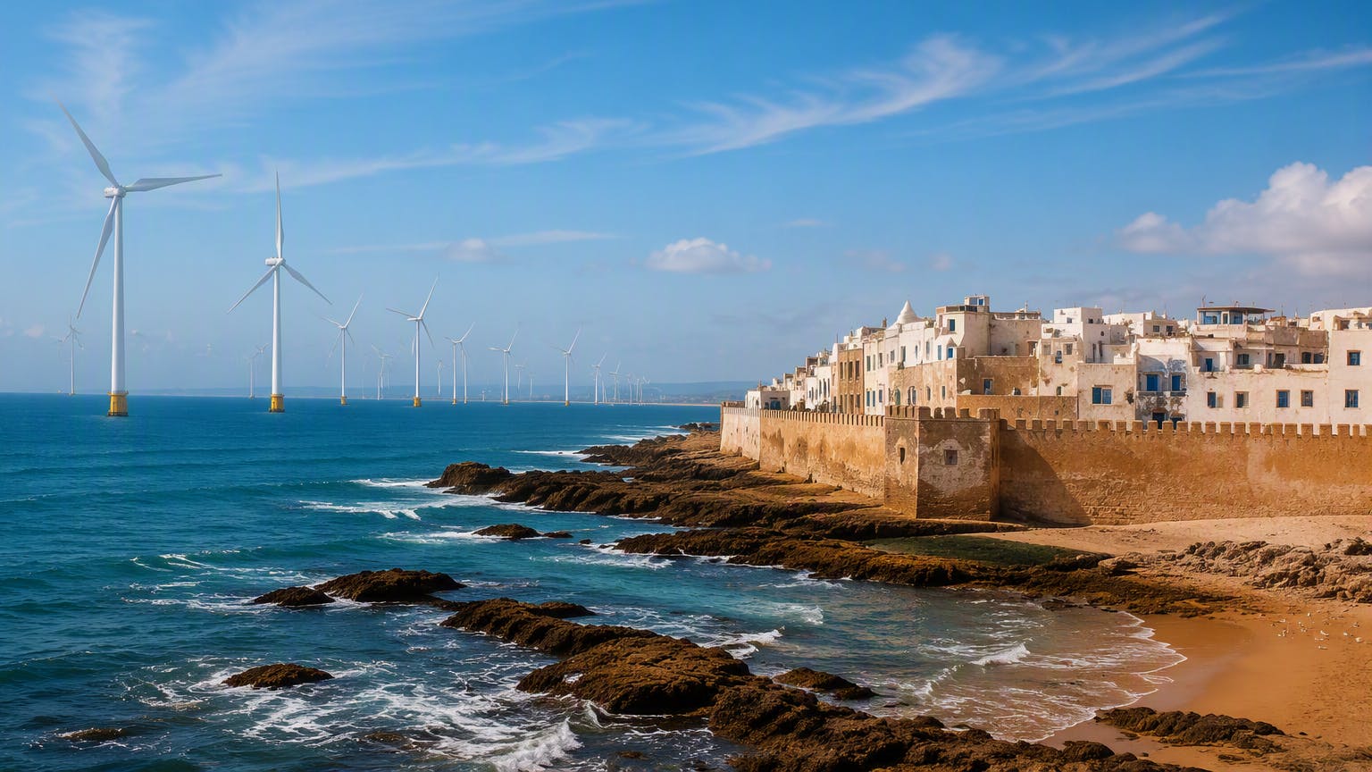 rendering of Morocco's Atlantic coastline near Essaouira with offshore wind turbines