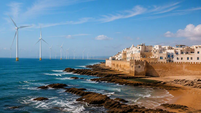 rendering of Morocco's Atlantic coastline near Essaouira with offshore wind turbines