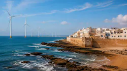 rendering of Morocco's Atlantic coastline near Essaouira with offshore wind turbines
