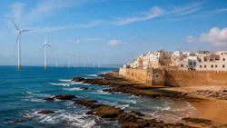 rendering of Morocco's Atlantic coastline near Essaouira with offshore wind turbines