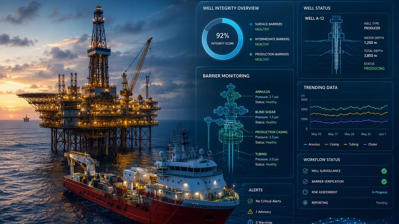AI-generated image of offshore operations with a digital monitoring overlay