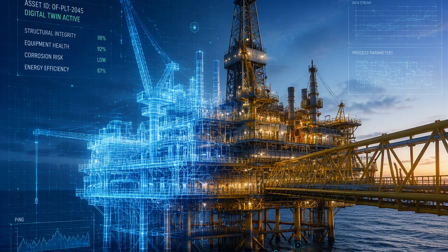 AI-generated image of an offshore platform with digital twin/data overlay