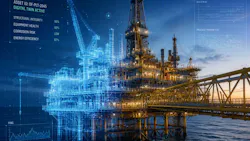 AI-generated image of an offshore platform with digital twin/data overlay