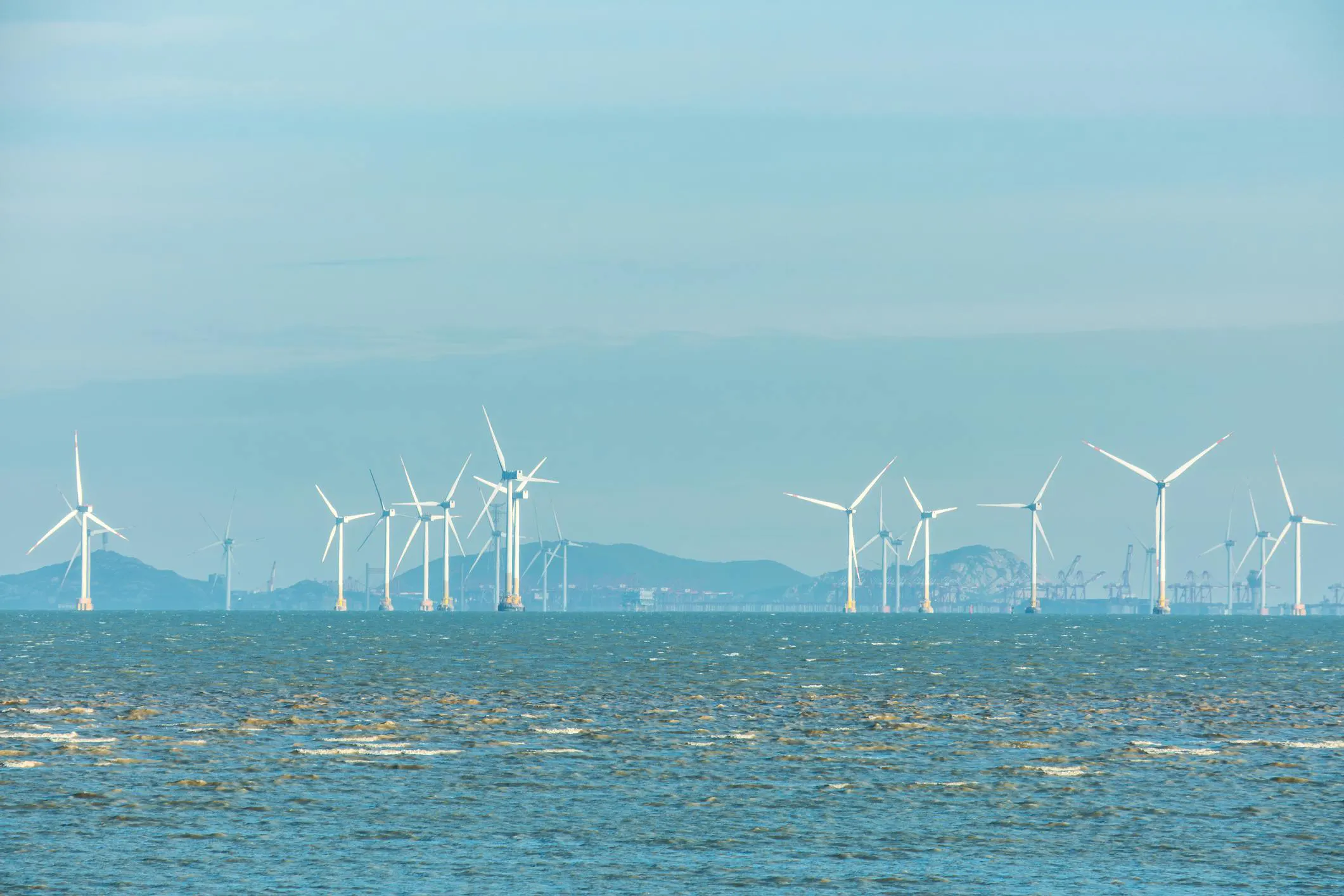 Offshore wind turbines in coastal waters near Shanghai city, China