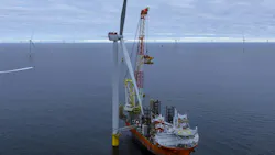 Aerial view of crane vessel installing an offshore wind turbine