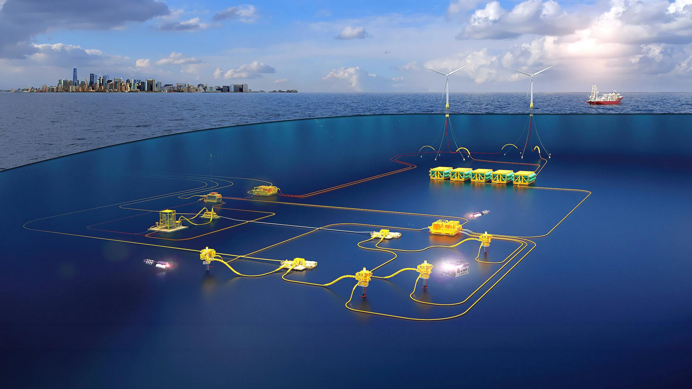 illustration of an integrated offshore field development featuring subsea infrastructure and processing systems