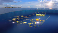 illustration of an integrated offshore field development featuring subsea infrastructure and processing systems