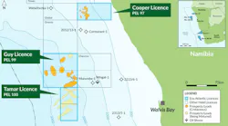 Map of the Cooper (PEL 97), Guy (PEL 99) and Tamar (PEL 100) licenses in Namibia's offshore Walvis Basin