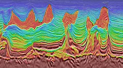 Color-enhanced seismic section showing complex subsurface geological structures interpreted from offshore seismic data