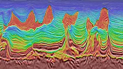Color-enhanced seismic section showing complex subsurface geological structures interpreted from offshore seismic data