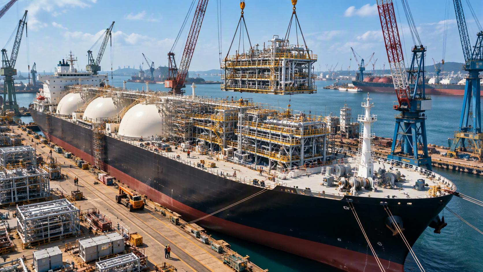 AI-generated image of LNG carrier being converted into FSRU at shipyard