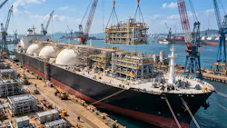 AI-generated image of LNG carrier being converted into FSRU at shipyard