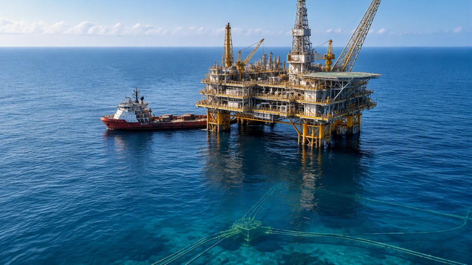 AI-generated illustration of offshore gas production and subsea pipeline infrastructure
