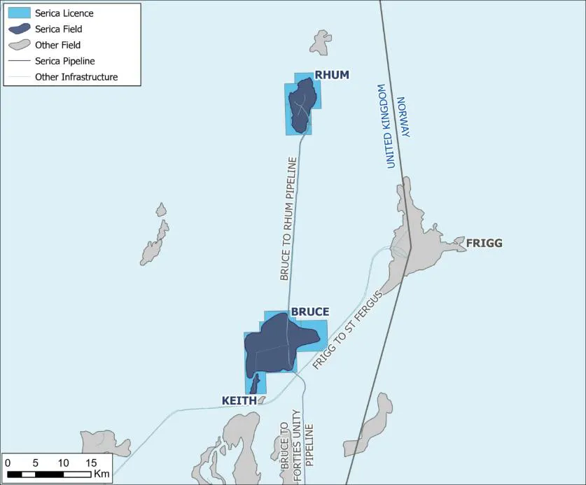 Map of Serica Energy's Bruce, Keith and Rhum field area in the UK Northern North Sea