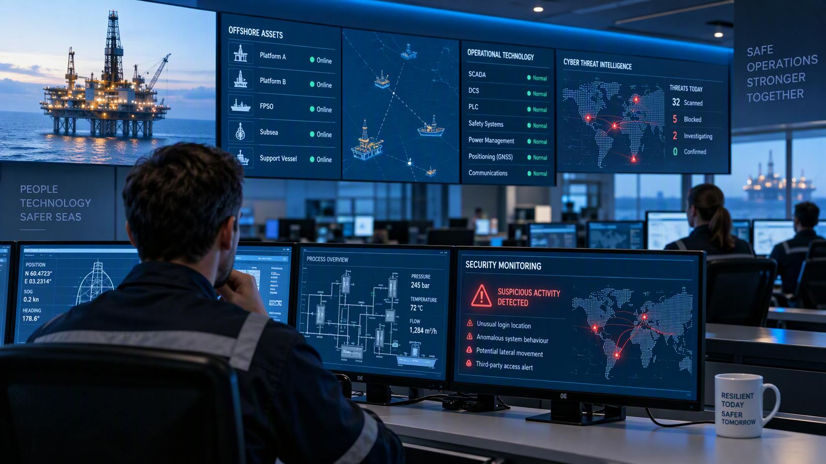 AI-generated image of remote operations center with offshore asset monitoring screens and cybersecurity visualization