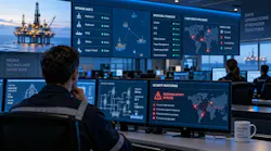 AI-generated image of remote operations center with offshore asset monitoring screens and cybersecurity visualization