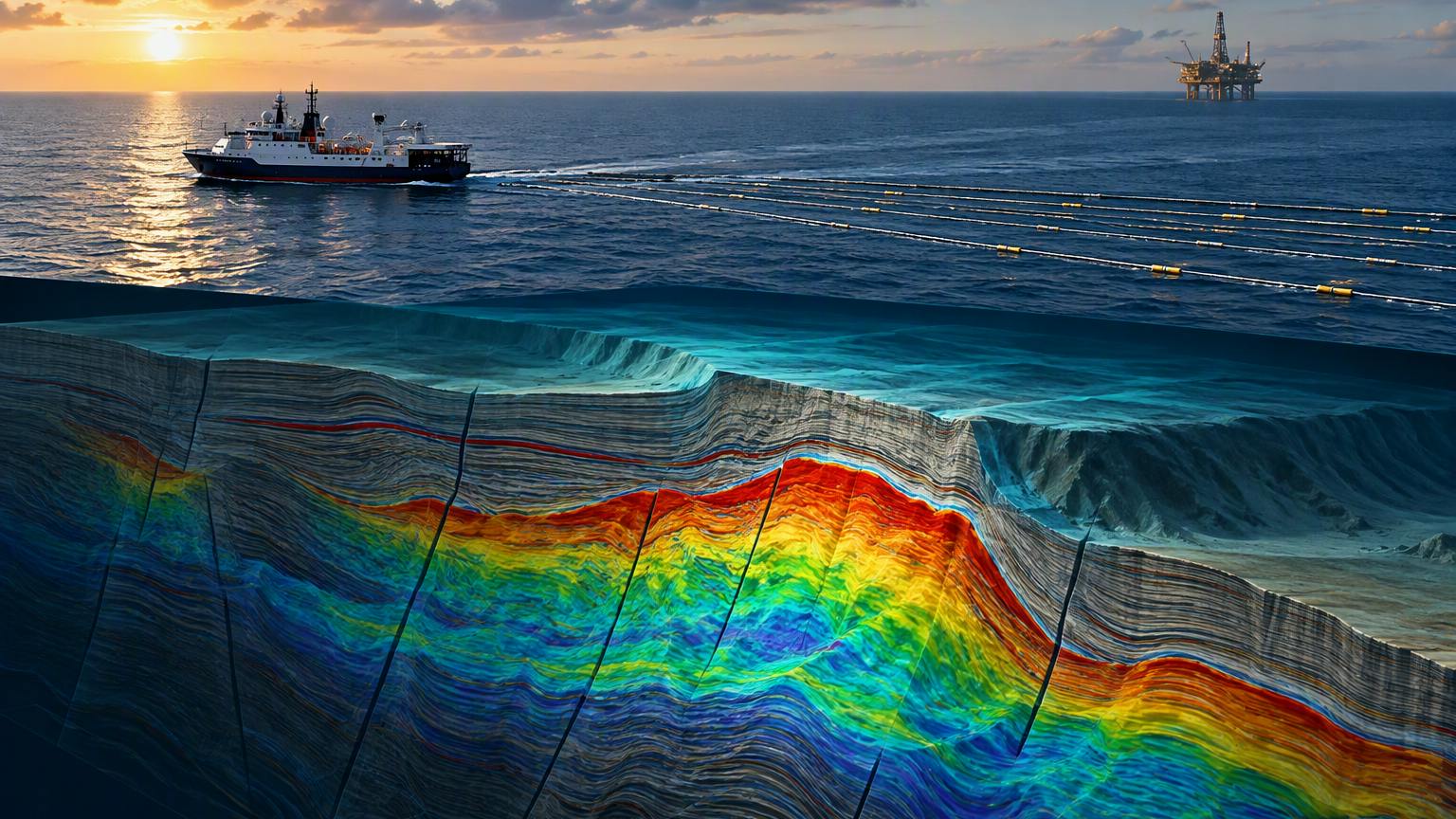 seismic survey vessel acquires offshore data above a 3D subsurface interpretation model