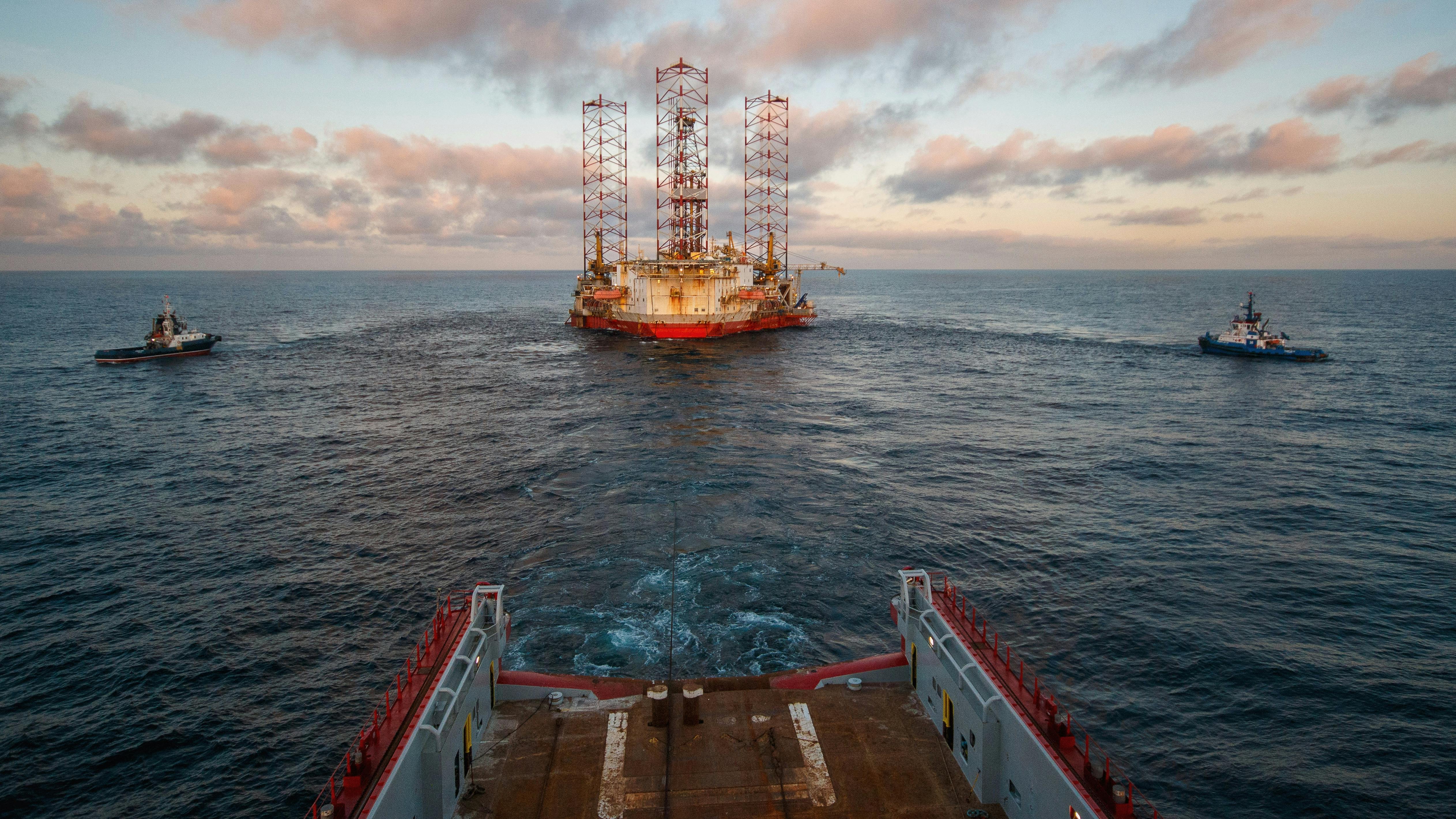 A jackup rig under tow during a rig move in the North Sea