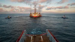 A jackup rig under tow during a rig move in the North Sea