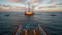 A jackup rig under tow during a rig move in the North Sea