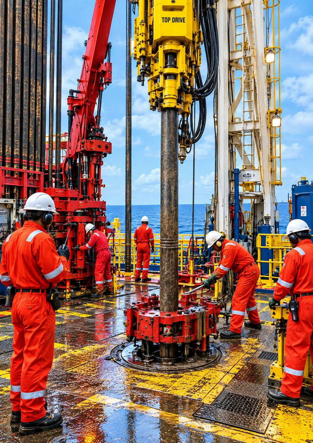 AI-generated image of offshore drilling rig with drillfloor activity