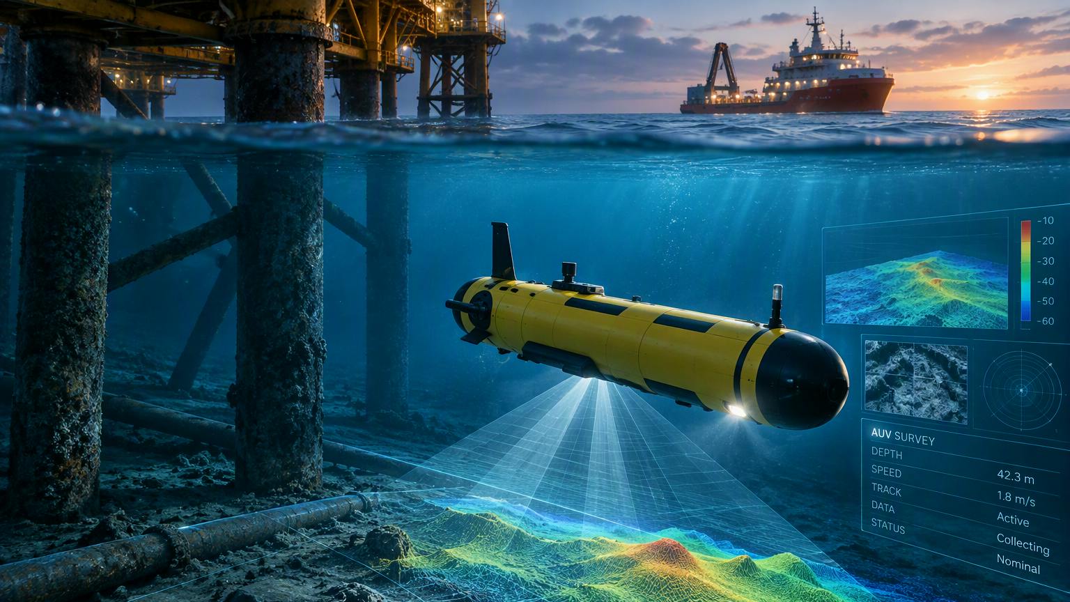 Concept illustration of an autonomous underwater vehicle collecting subsea survey data beneath offshore infrastructure