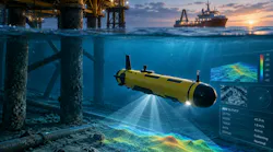 Concept illustration of an autonomous underwater vehicle collecting subsea survey data beneath offshore infrastructure