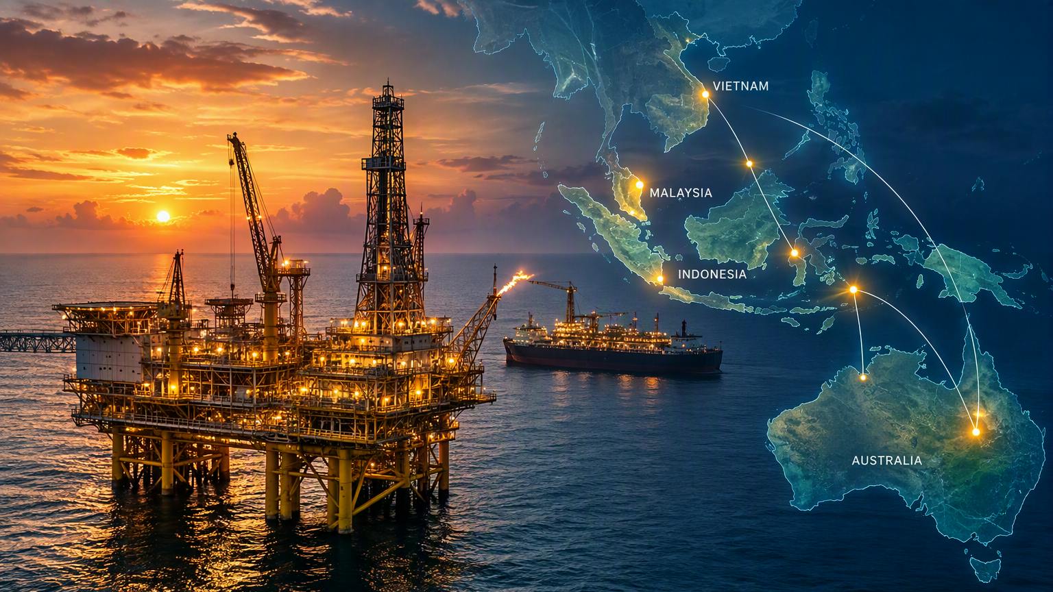 Offshore platform at sunset with Southeast Asia map overlay